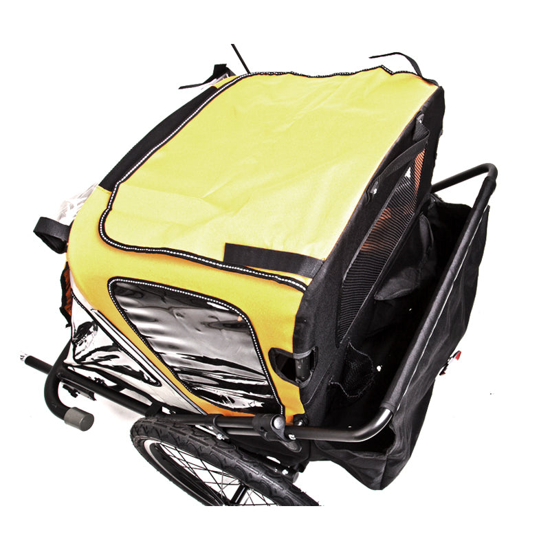 Trailer Tot Convertible Bike Trailer shown with a yellow and black frame, featuring a large cab, screened cover, rain shield, and 20 alloy wheels, designed for two kids.