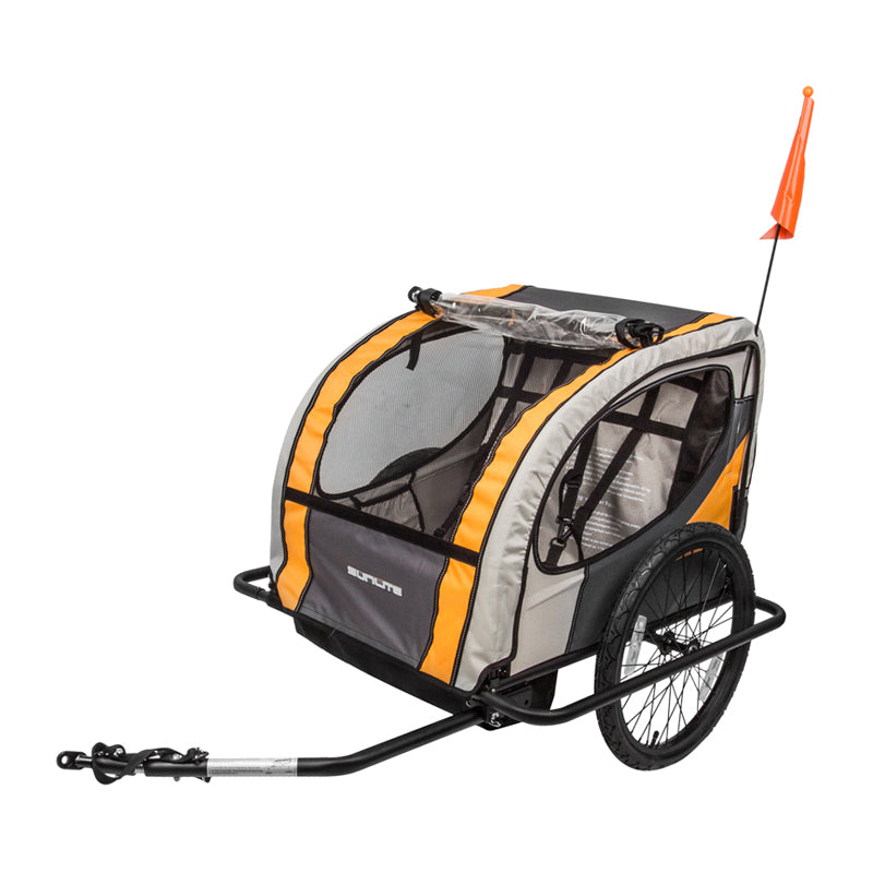 Trailer Tot Double Bike Trailer with flag, grey and orange design, two-child adjustable seat, and 20 alloy wheels. Features robust powder coated steel frame and safety reflectors.