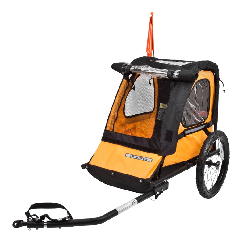 Trailer Tot Single Bike Trailer shown with a steel frame, quick-release 16 wheels, safety flag, and clear view windows in the canopy. The trailer includes side compartments and reflective strips for added safety.