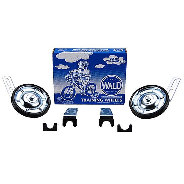 Training Wheels 10252 for 16 - 20 Bicycle Wheels, shown with steel wheels and hardware, alongside a box illustrating a child on a bicycle. Suitable for various frame sizes and weights up to 100 lbs.