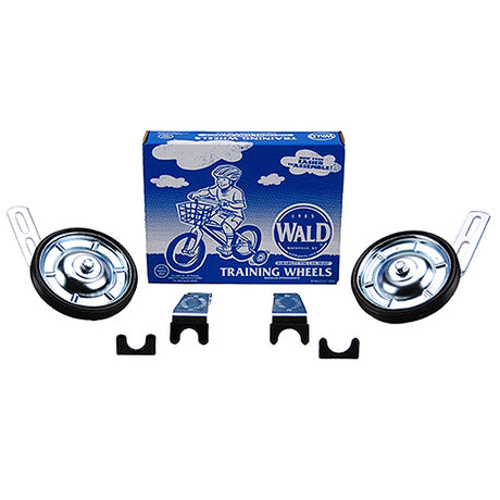 Training Wheels 10252 for 16 - 20 Bicycle Wheels, shown with steel wheels and hardware, alongside a box illustrating a child on a bicycle. Suitable for various frame sizes and weights up to 100 lbs.