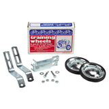 Training Wheels 252 for 16 - 20 Bicycle Wheels, shown with steel wheels, metal brackets, and included hardware in a box. Suitable for bikes with 3/4 frame tubes, supporting up to 100 lbs.