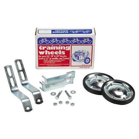 Training Wheels 252 for 16 - 20 Bicycle Wheels, shown with steel wheels, metal brackets, and included hardware in a box. Suitable for bikes with 3/4 frame tubes, supporting up to 100 lbs.