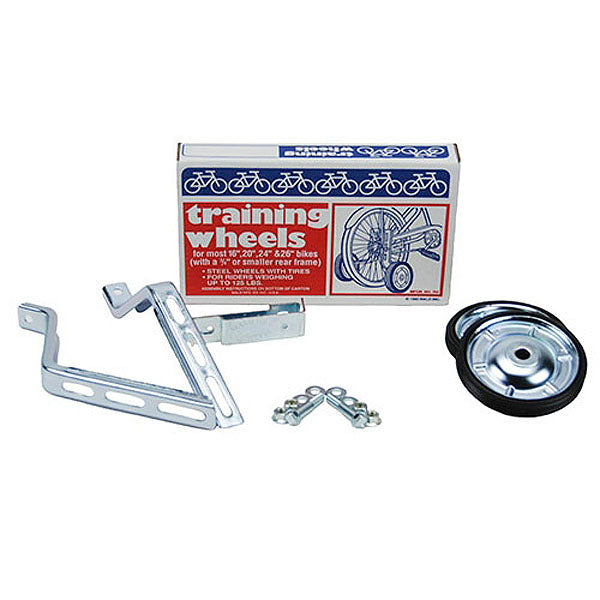 Training Wheels 742 for 16 - 26 Bicycle Wheels shown with a white box featuring a red and blue label, metal brackets, and close-up of a durable steel wheel.