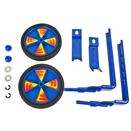 Training Wheels for 16 - 20 Bicycle Wheels featuring a blue and yellow design with durable black wheels, designed to help young cyclists gain balance and confidence.