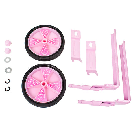 Training Wheels for 16 - 20 Bicycle Wheels from KidZamo featuring a pink wheel with a black rim, designed to help young riders gain balance and confidence.