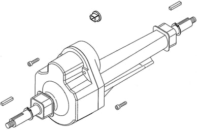 Transaxle Assembly for Invacare Lynx L-3X depicted in a detailed black and white mechanical drawing, showcasing the transaxle, axle keys, and mounting bolts essential for motor attachment.