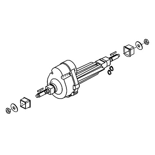 A black and white drawing of the Transaxle Assembly for the Pride Hurricane (PMV5001) mobility scooter, showcasing the mechanical device with detailed components and an early first-generation design.