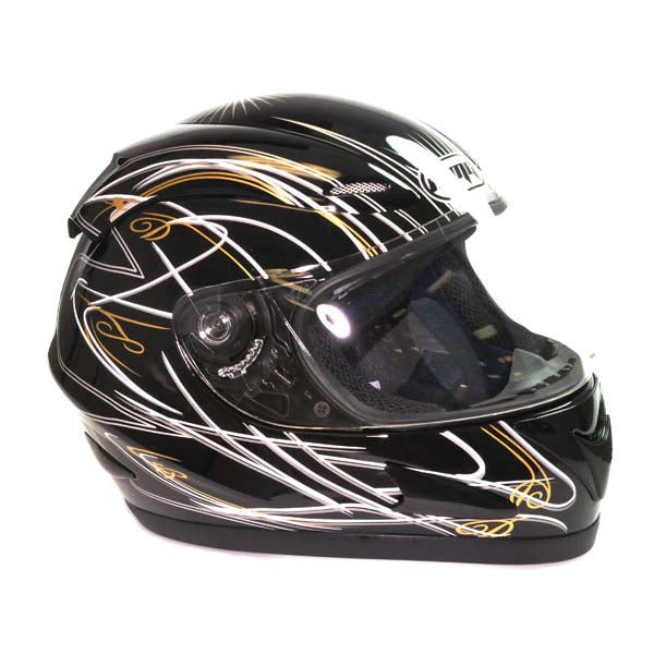 Full Face Tribal Black Helmet (Large) **Clearance**: A black motorcycle helmet with intricate white and gold designs, featuring a full face shield and two interchangeable visors for enhanced protection and style.