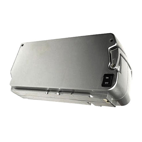 36 Volt 12 Ah SLA Battery Pack for eZip and IZIP TriCruiser, featuring a silver rectangular design with buttons and a switch, shown close-up to highlight the OEM Currie Technologies part.