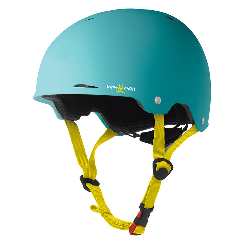 Gotham Bike & Scooter Helmet featuring a sleek design with adjustable straps, a subtle brim, and Triple Eight logo venting for enhanced safety and comfort.