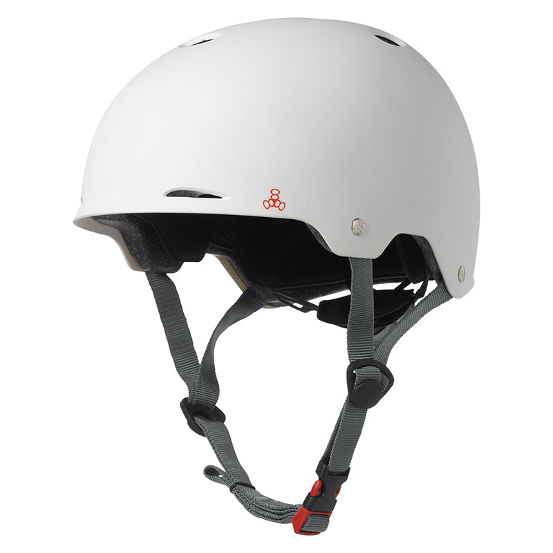 Gotham Bike & Scooter Helmet featuring white color, adjustable straps, and Triple Eight logo venting for enhanced airflow and safety. Ideal for biking, scooting, skating, and longboarding.