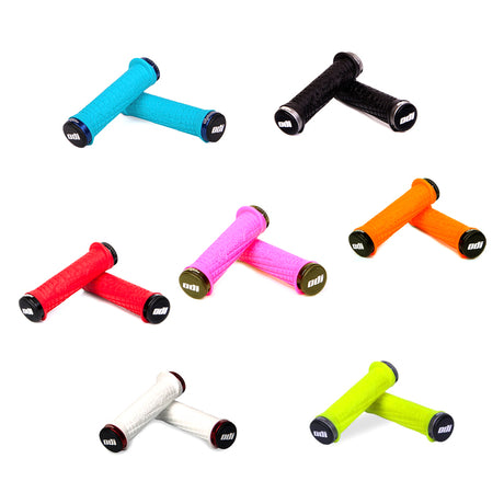 Troy Lee ODI Lock-on Handlebar Grips for Bikes & Scooters, shown in a variety of colors with grooved channels and overmolded flaps, providing 143 mm of hand gripping surface.