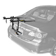 Trunk Rack mounted on a black car, showcasing its sturdy attachment for transporting bicycles or scooters. Ideal for electric scooters, kick scooters, gas scooters, and bicycles.