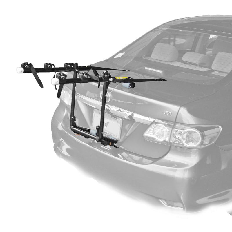 Trunk Rack on a car, designed for transporting bicycles or scooters. Features a sturdy black frame attaching securely to the vehicle, ideal for various types of bikes and scooters.