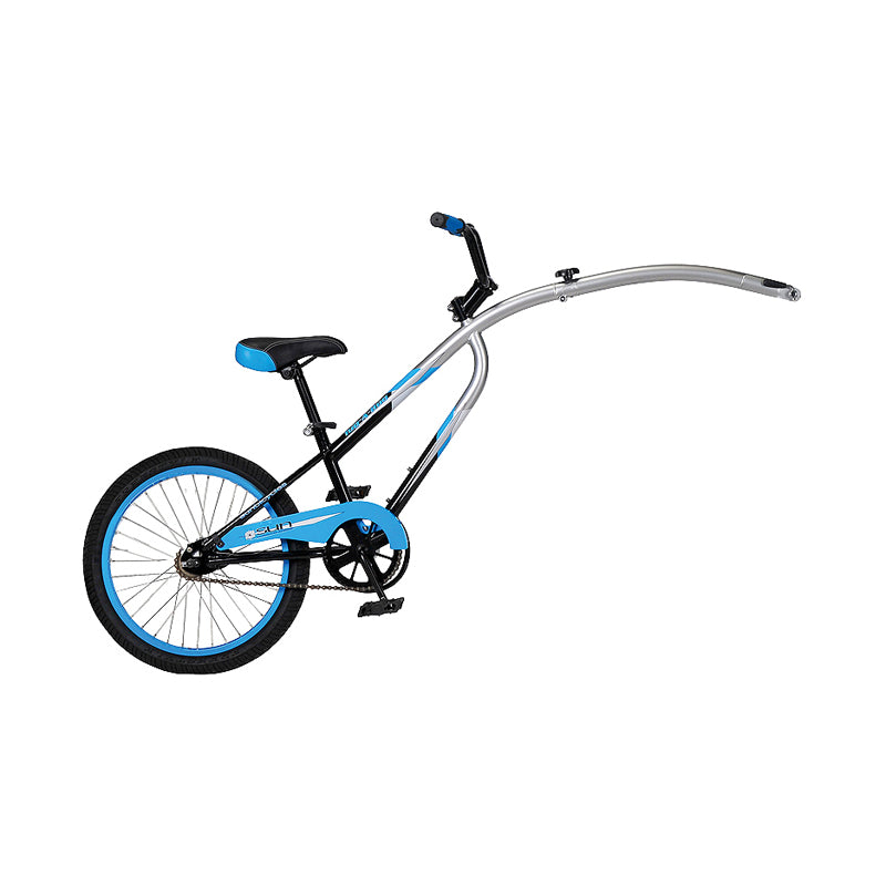 Tug-A-Bug Folding Trailer Bike with a tall, curved handlebar, high-tensile steel frame, and padded saddle. Features single-speed gearing, lightweight alloy wheel, and kid-sized grips.