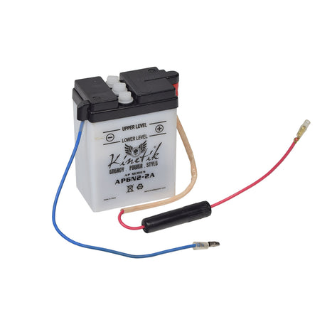 6N2-2A 6 Volt Battery for Honda Cub C50 and Super Cub C100 with attached wires.