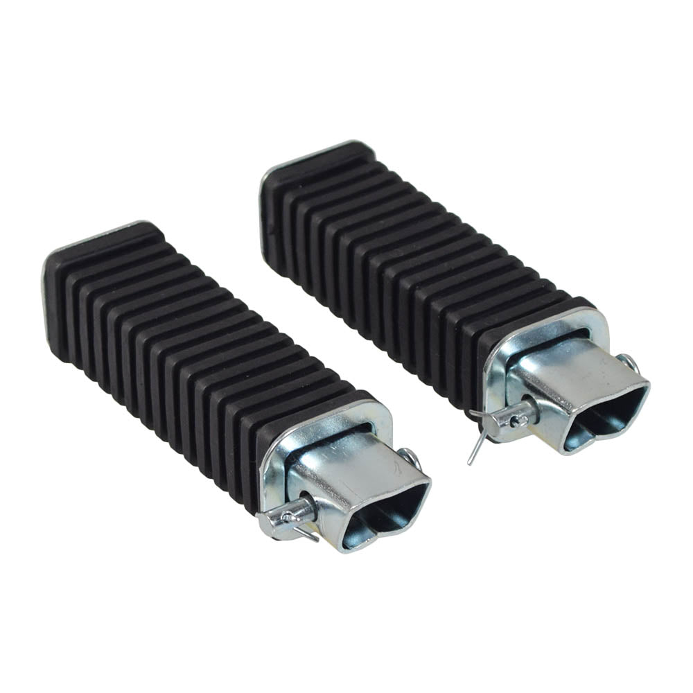 Foot Pegs for Honda Super Cub C100, featuring close-up views of black and silver metal parts, including connectors and exhaust pipe elements, highlighting the sturdy design and compatibility with specific models.