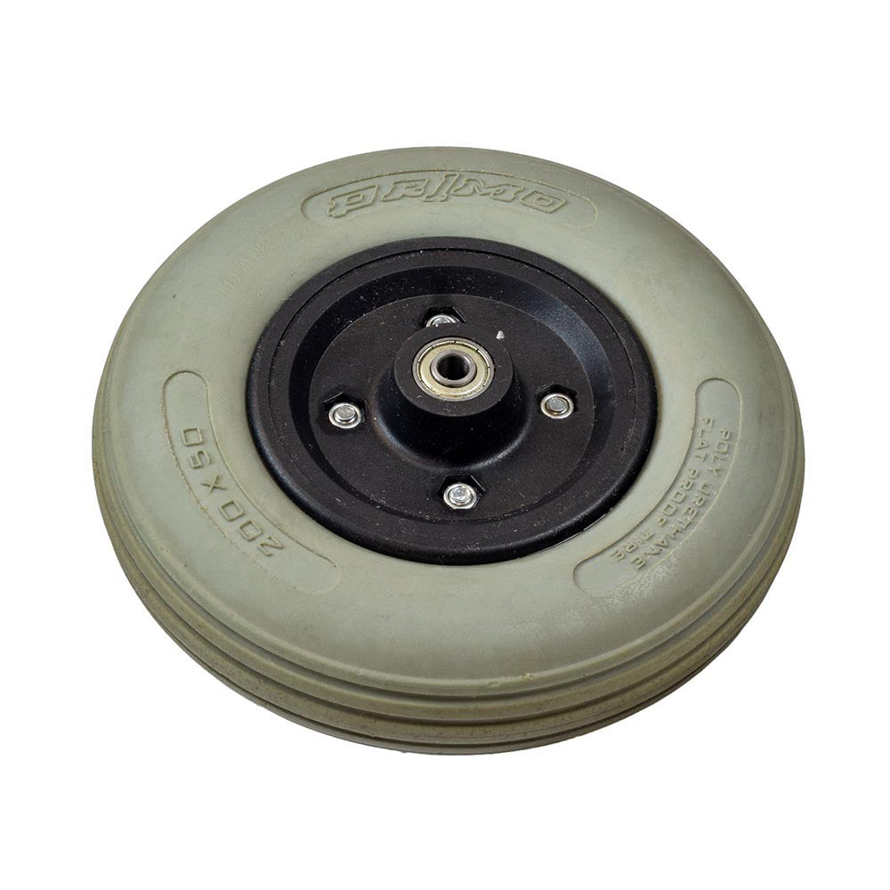 8x2 Rear Caster Wheel Assembly for the Hoveround® MPV4® and MPV5® (Used) featuring a solid Urethane tire, black rim, visible metal nut, and minor discoloration.