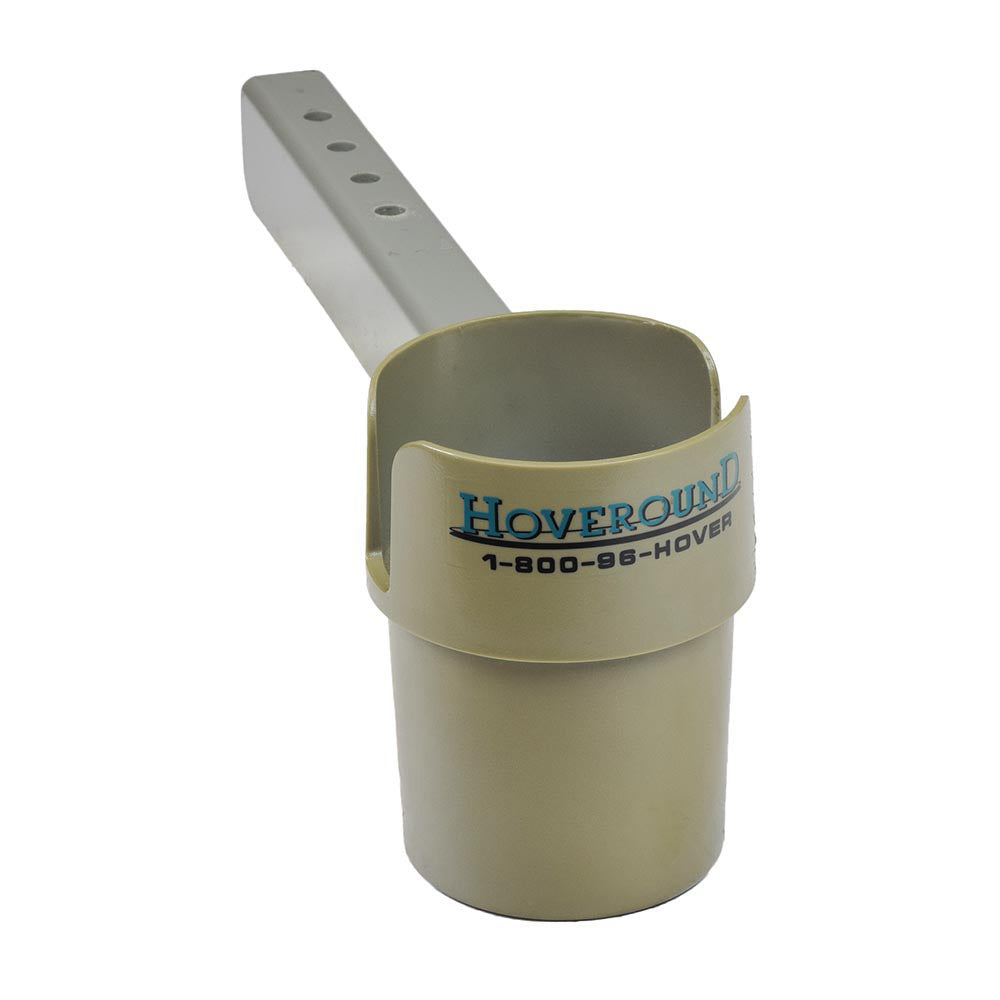 Cupholder for the Hoveround® MPV4® and MPV5® (Used) – A grey plastic container with a handle, designed to attach to armrests, showing minimal wear with a white label.