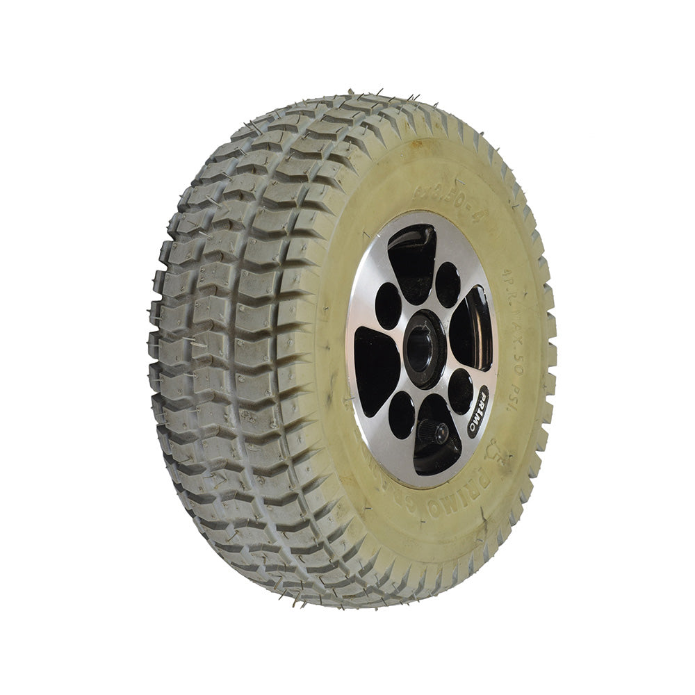 9x3.50-4 Pneumatic Drive Wheel Assembly for Hoveround® MPV4® (Used), featuring a silver rim and Grande Knobby tread tire, close-up view showing the rim and tire details.