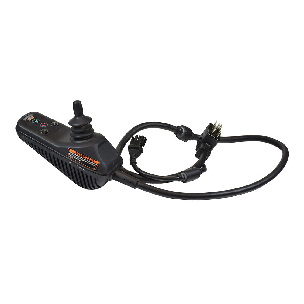 4 Key 50 Amp VSI Joystick Controller with Right Angle Connector, No Program (Used), shown with attached cable and orange buttons, ideal for Jazzy and Jet power chairs.