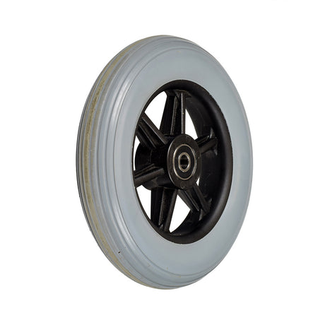 6 Front Anti-Tip Wheel Assembly for Jazzy, Jet, and Quantum Power Chairs (Used) with a white rim, black spokes, and solid urethane tire, featuring 608ZZ bearings.