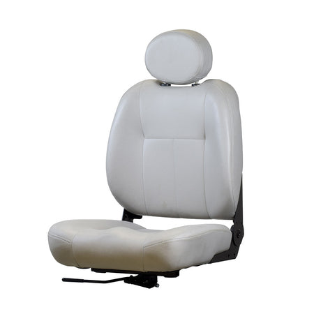 18X18 Hi-Back Deluxe Contour Vinyl Seat Assembly for Pride Scooters and Jazzy Power Chairs (Used), featuring a white seat with a headrest and adjustable hinges, designed for optimal comfort and support.