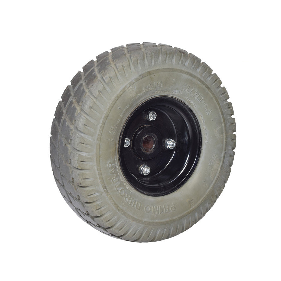 3.00-4 (10x3, 260x85) Pneumatic Drive Wheel Assembly for Jazzy and Jet Power Chairs, featuring a black rim, visible tread, bolts, and a micro mag hub.