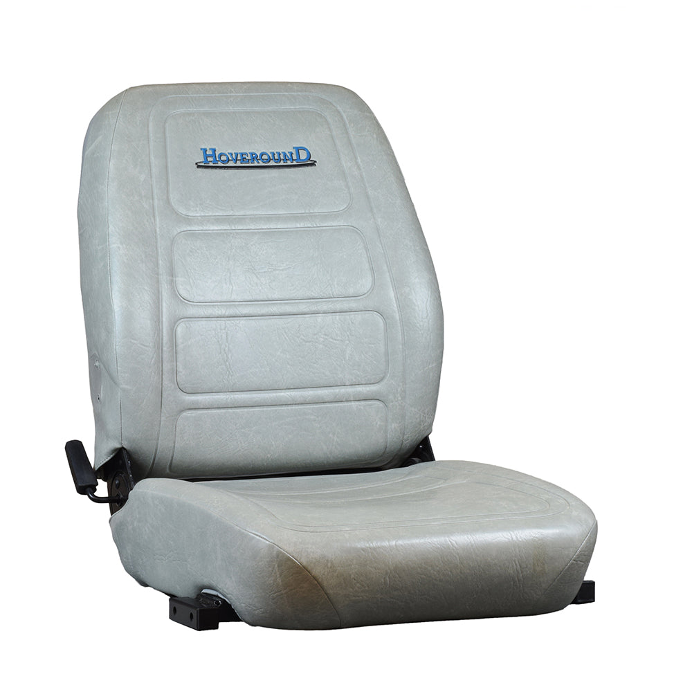 High Back Seat Assembly Without Base for the Hoveround® MPV5® (Used), showcasing a grey seat with a blue logo, providing upper body and shoulder support.