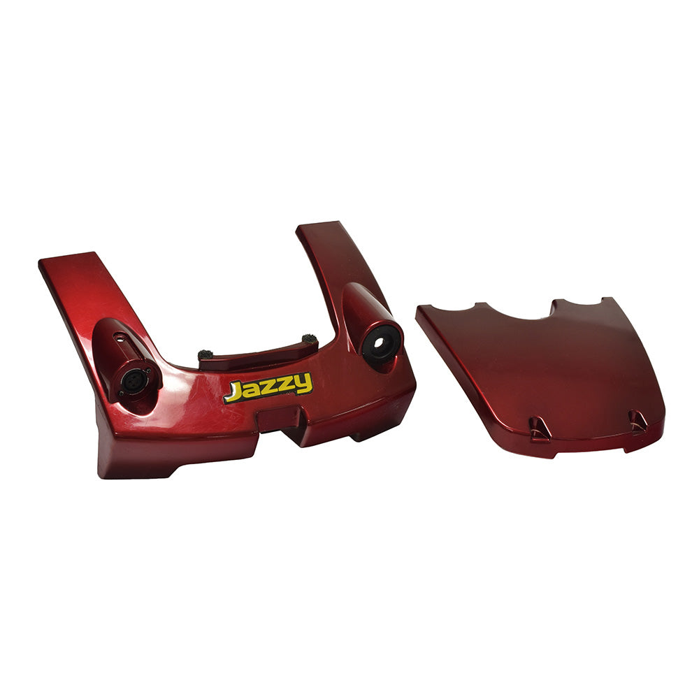 Controller Cover Shroud for the Jazzy Select, Select GT, Select 6, and Select 6 Ultra (Candy Apple Red) (Used) showing a red, gently-used shroud with visible controller cutouts and a yellow and black sticker.