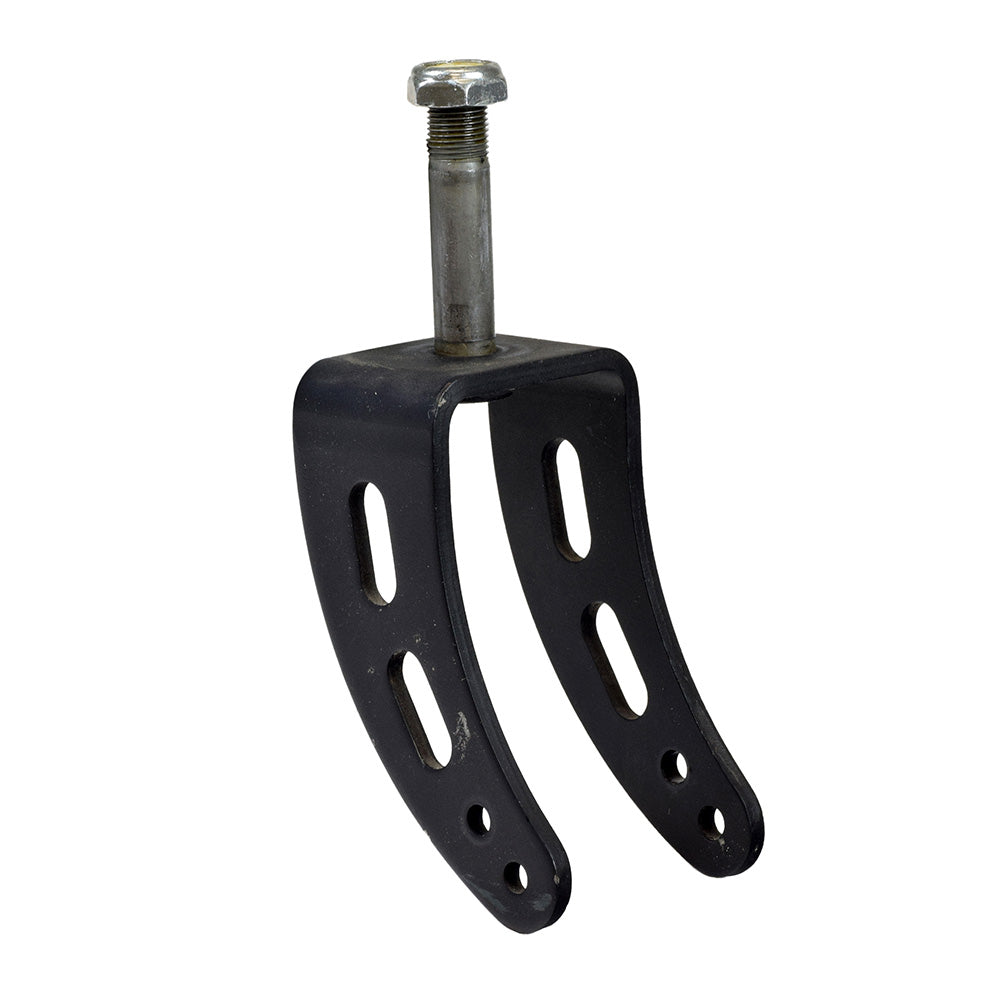 Rear Caster Fork Assembly for the Hoveround® MPV5® (Used) featuring a black metal fork with bolt and holes, cleaned and ready for installation to ensure even tire wear and stability.