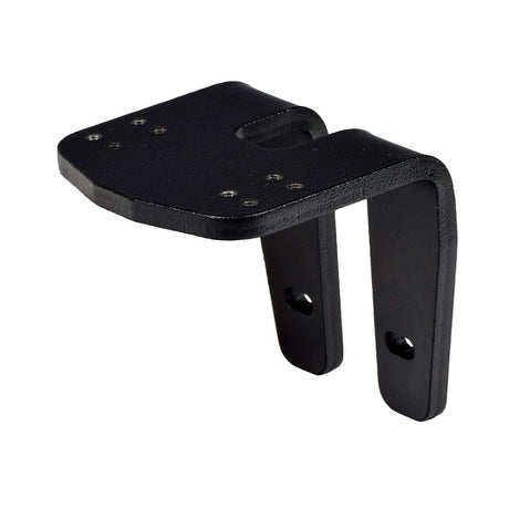 Joystick Mounting Bracket for the Hoveround® MPV5® (Used), featuring a black metal design with multiple holes, shown in a close-up view highlighting its rectangular shape and detailed craftsmanship.