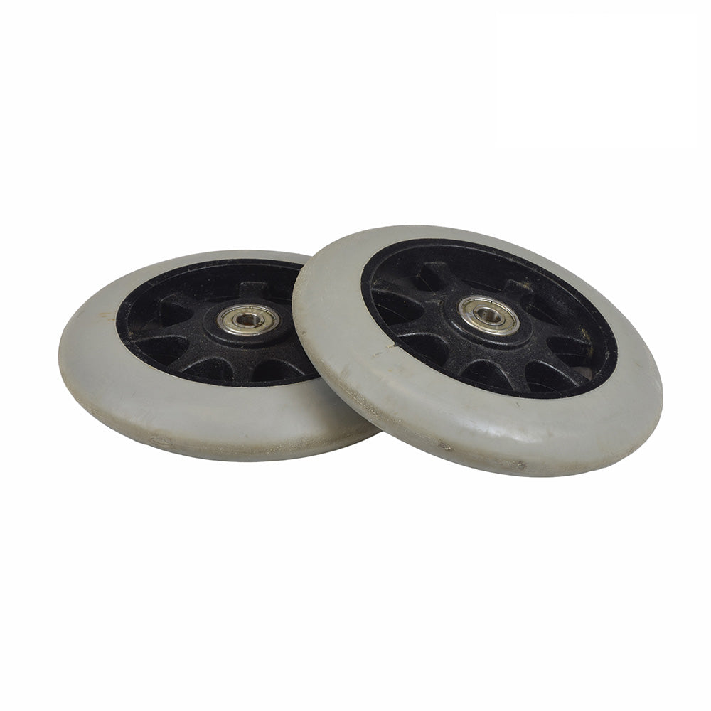 Front Anti-Tip Wheel Assembly for Jazzy 1107, Select, and Select GT Power Chairs (Pair) (Used) featuring a pair of black-rimmed wheels tested, cleaned, and ready for installation.