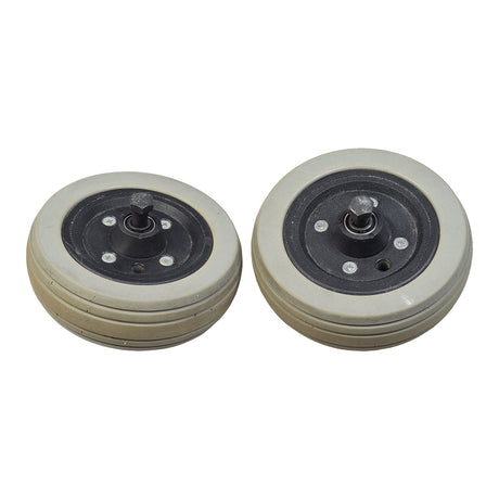 Rear Caster Wheel Assemblies for Jazzy Select, Jazzy Select Elite, and Pride TSS 300 (Pair) (Used) featuring 6-inch polyurethane tires with visible bearings, showing some discoloration but in good condition for installation.