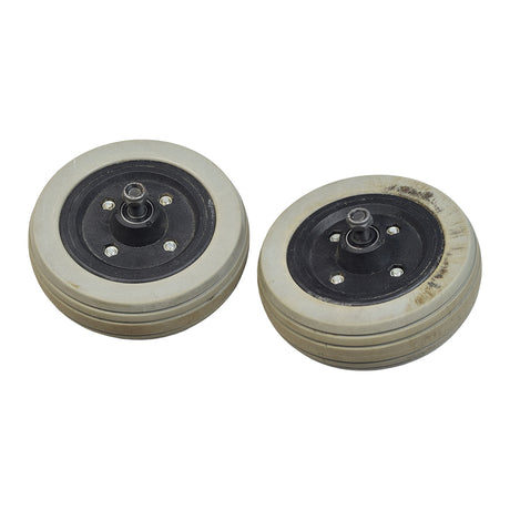 Rear Caster Wheel Assemblies for Jazzy Select, Jazzy Select Elite, & Pride TSS 300 (Pair) (Used) showing a pair of 6-inch polyurethane wheels with 608ZZ bearings, lightly discolored but functional.