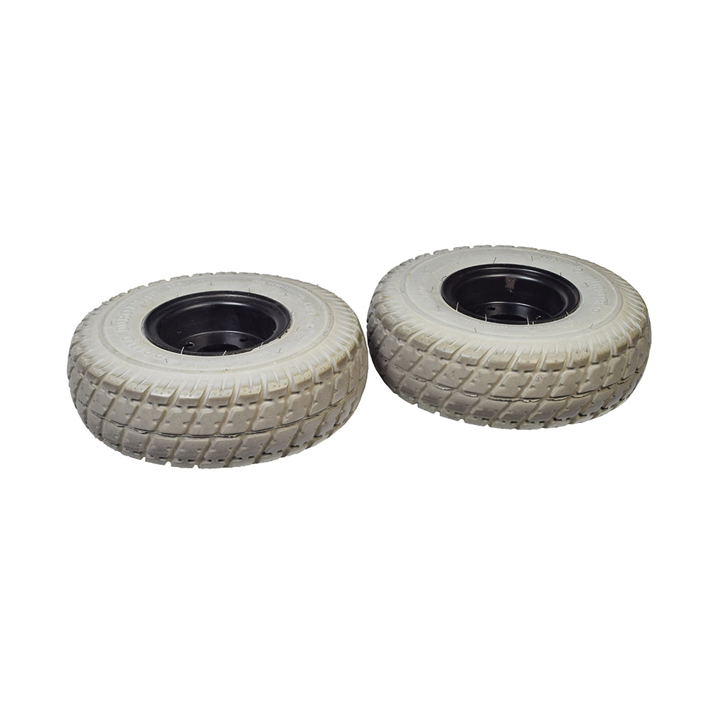 Set of Two 10 x 3 (3.00-4) Drive Wheel Assemblies for the Jazzy Select (Used) featuring white tires with black split rims, suitable for easy replacement without changing the entire assembly.