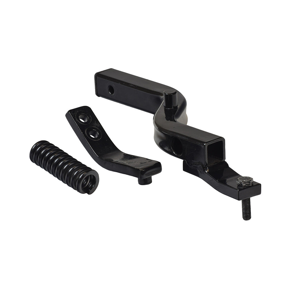 Front Right Side Anti-Tip Arm for Jazzy 1103 (Used): Close-up of a black metal arm with a spring and screws, essential for maintaining stability and preventing uneven tire wear.