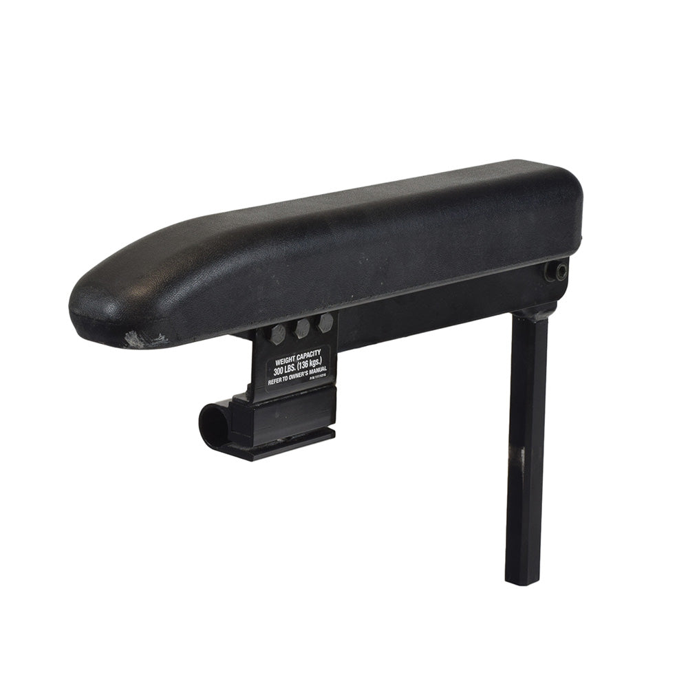 Full Length Adjustable Urethane Armrest with Joystick Tube Bracket for Invacare Pronto Power Chairs (Used), featuring a black armrest with a metal pole and mounting bracket, shown on a white background.