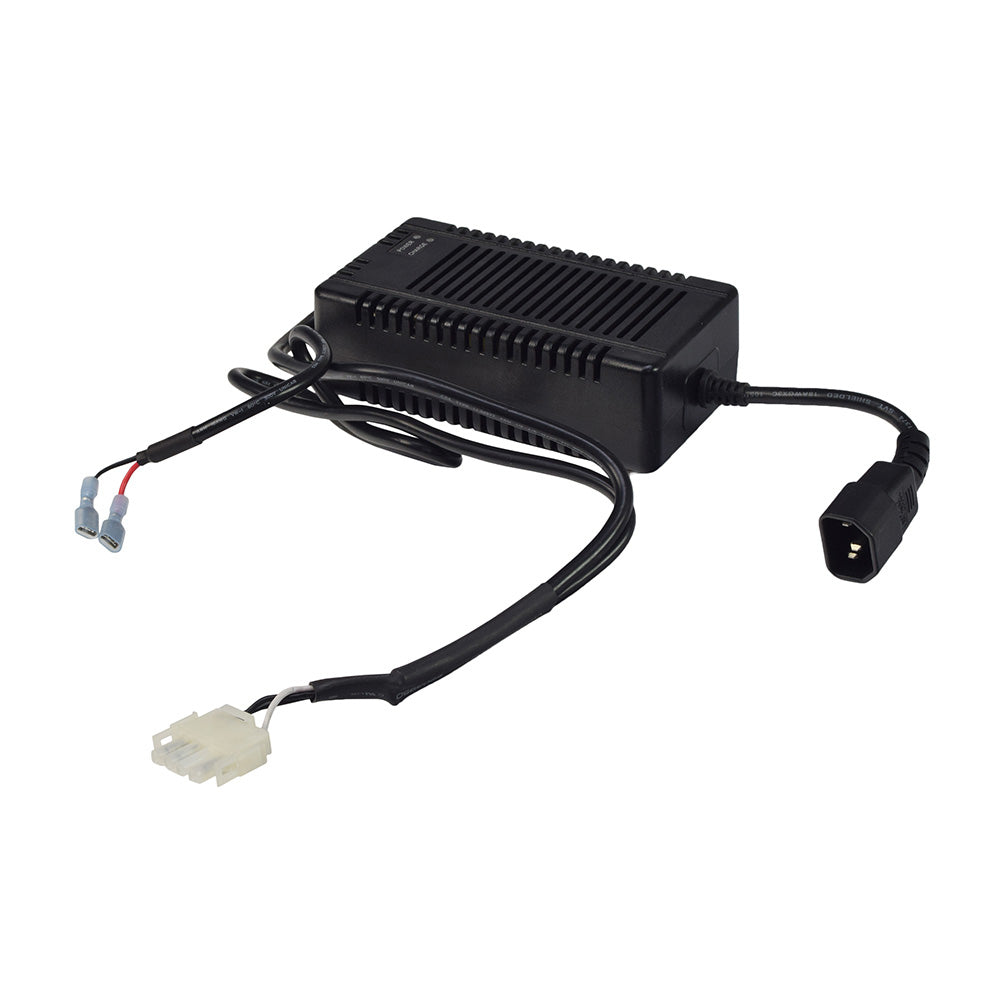 24 Volt 4.0 Amp On-Board Battery Charger for Rascal 600F (Used), featuring a black electronic device with wires and a plug, ideal for restoring your Rascal 600F's charging capability.