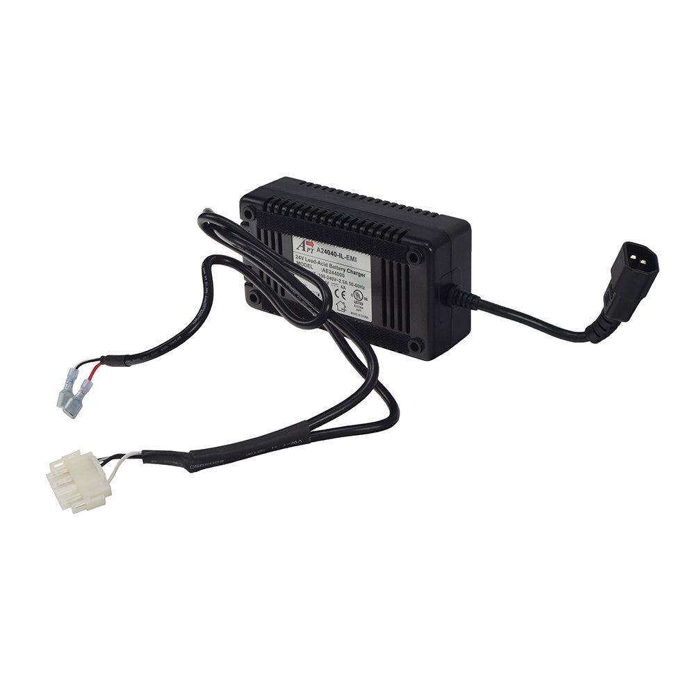 24 Volt 4.0 Amp On-Board Battery Charger for Rascal 600F (Used) shown with attached black wires and connectors, ideal for replacing or upgrading your existing Rascal 600 series charger.