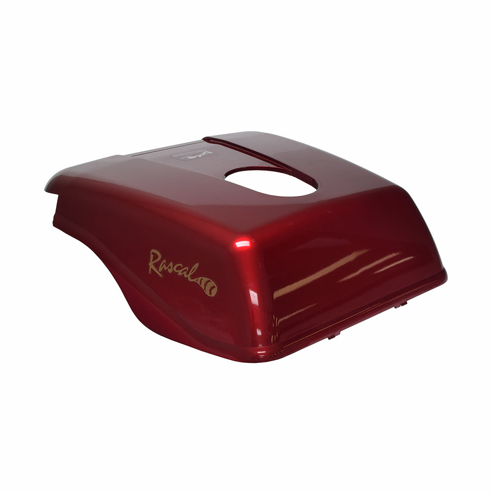 Rear Shroud Assembly for the Rascal 600F (Used), a red plastic cover with a central hole, designed to protect the scooter's battery compartment and inner components. Minor blemishes visible.