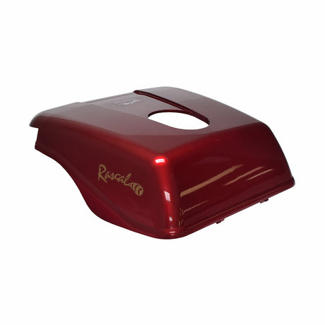 Rear Shroud Assembly for the Rascal 600F (Used), a red plastic cover with a central hole, designed to protect the scooter's battery compartment and inner components. Minor blemishes visible.