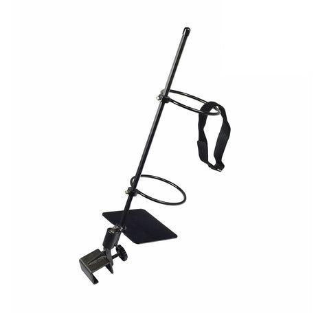 Oxygen Tank Holder with Mounting Hardware for the Rascal 600F (Used) - black metal stand with strap, no visible wear, fits most mobility scooters and power chairs with 1-1/4 accessory mounting brackets.