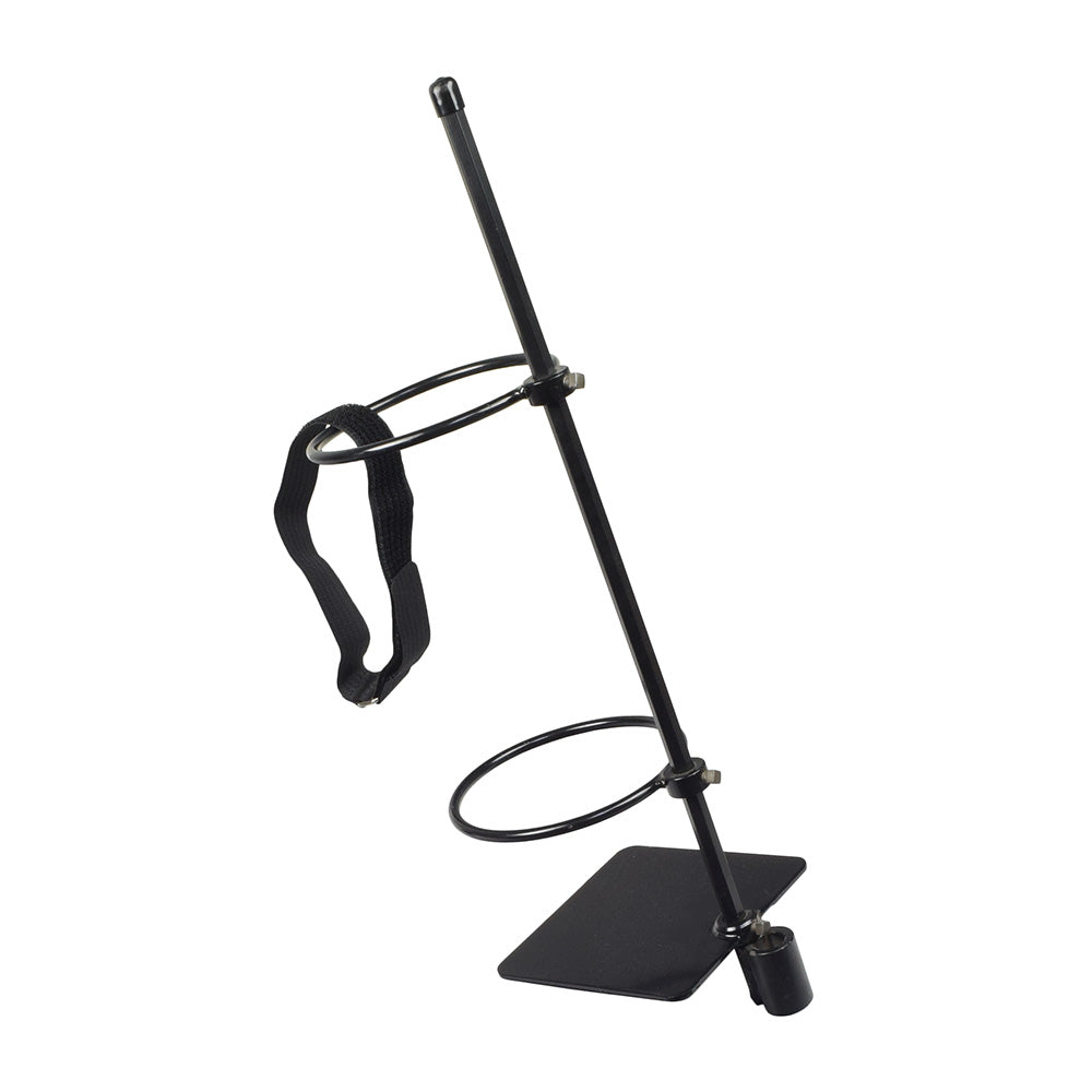 Oxygen Tank Holder with Mounting Hardware for the Rascal 600F (Used), featuring a black metal frame with adjustable steel tank loops, a mounting strap, and a metal clip, all in excellent condition.