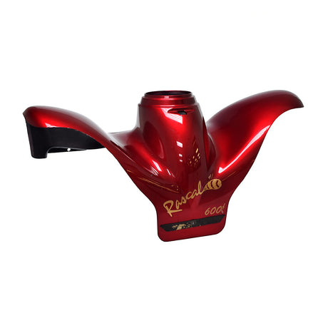 Front Lower Shroud Assembly for Rascal 600F (Used) featuring black handles and a logo, in candy apple red with minor blemishes, designed to protect against debris and moisture.