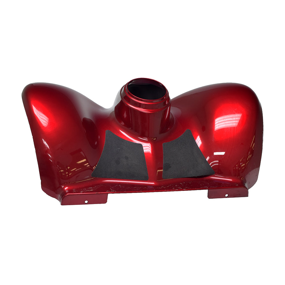 Front Lower Shroud Assembly for Rascal 600F (Used), featuring a red body with black accents, minor blemishes, and designed to protect against debris and moisture.