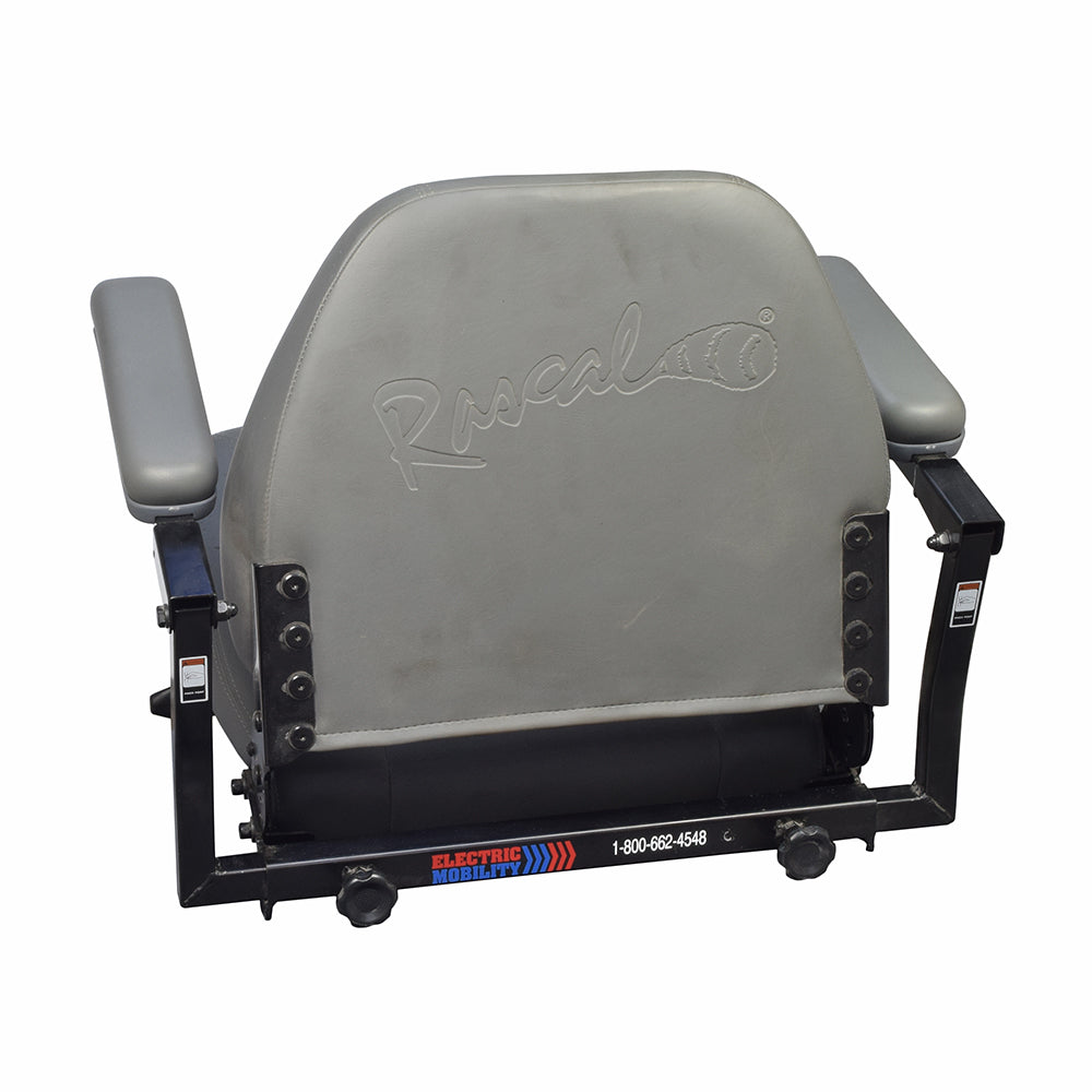 Standard Seat for Rascal 600F (Used) showing a grey chair with black frame, including armrests, seat base, seat back, and metal seat base platform. The chair is gently used but in excellent condition.