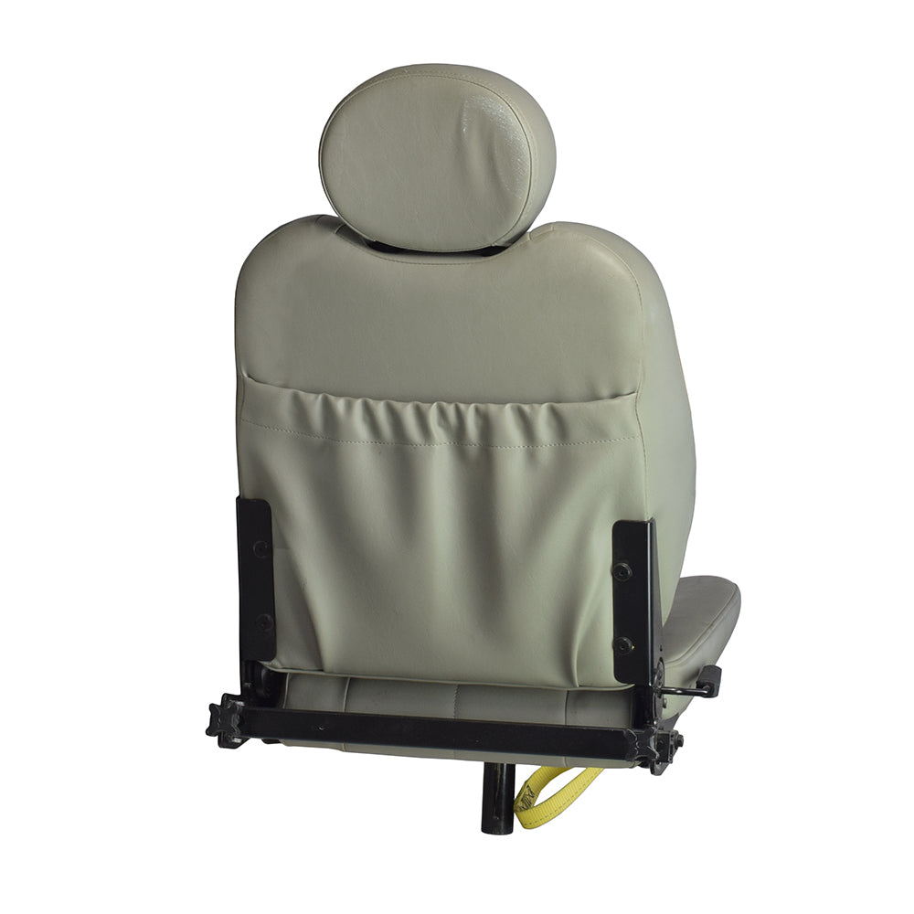 20x22 Seat Assembly for the Jazzy Select (Used) featuring a white leather headrest and pocket, detailed close-up of the backrest and strap with black text.