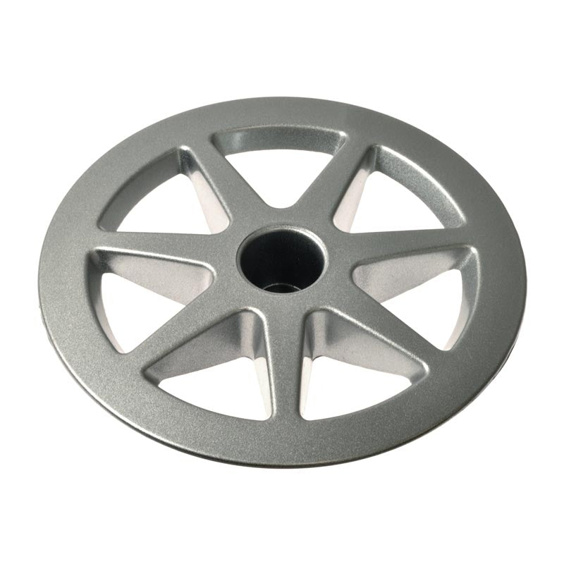 Hubcap for the Jazzy Select (Used) – a close-up of a silver wheel with a central hole, exhibiting very minor scratches, suitable for replacing a missing cap on Select power chairs.